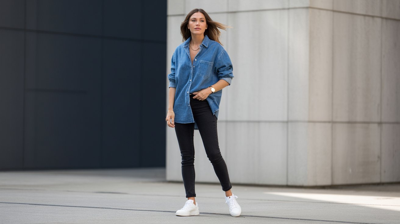 Oversized denim shirt paired with black jeans creating chic modern contrast
