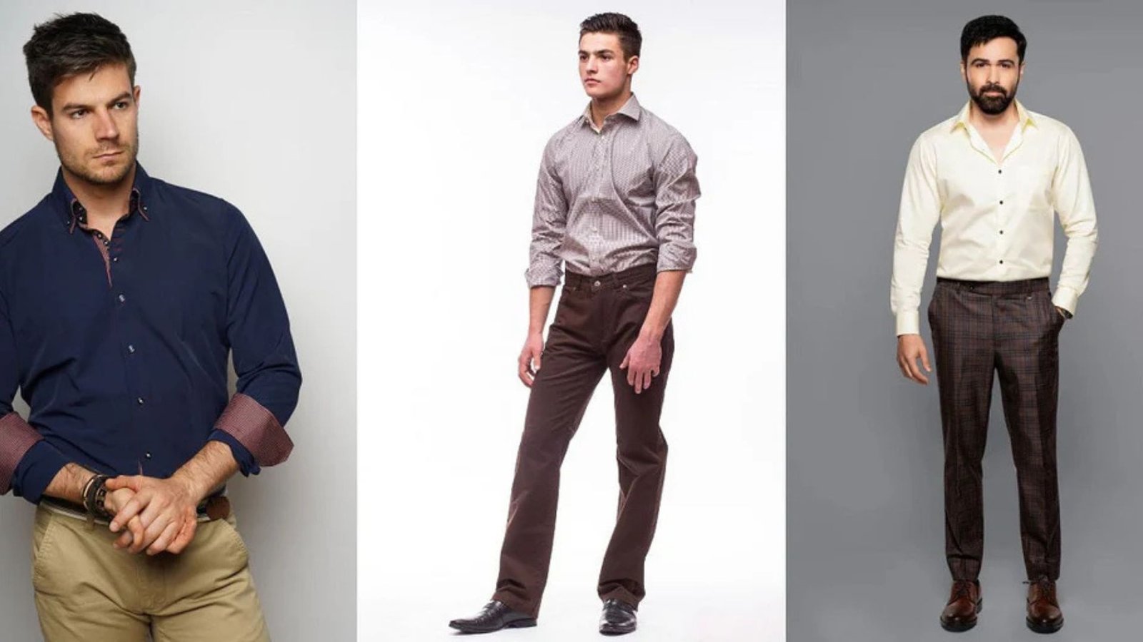 Four distinct styles of men's shirts and pants, all in varying tones of brown.