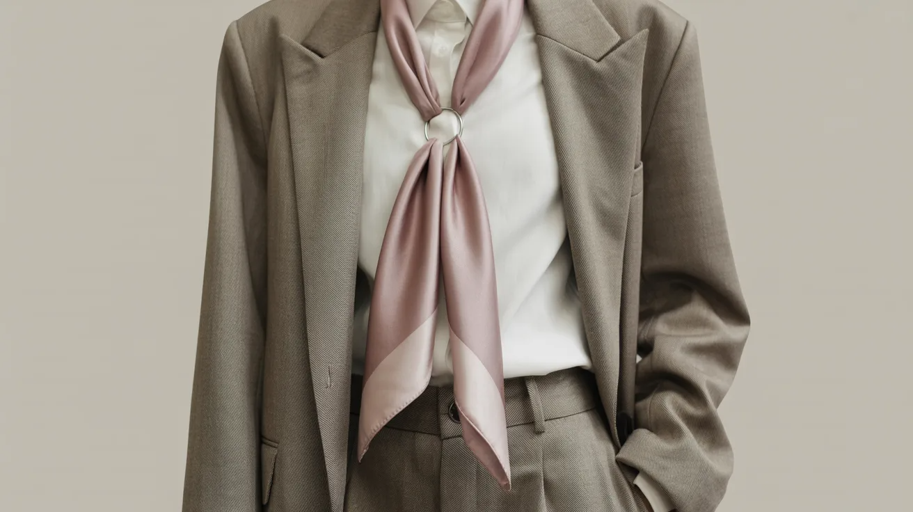 Square scarf styled in woven knot for dressy look.