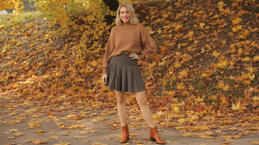 Fall skort outfit with sweater and ankle boots