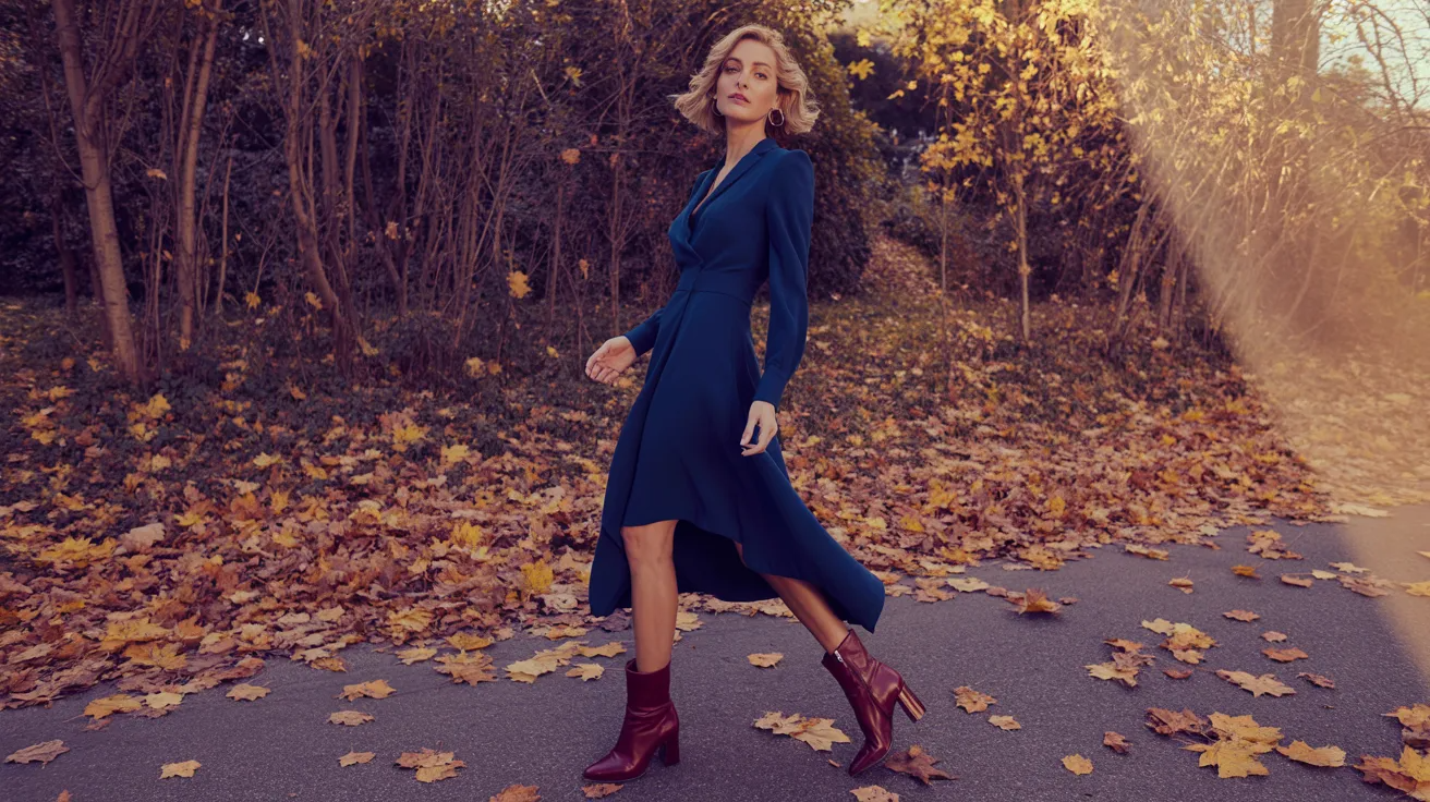 Burgundy shoes styled with a navy dress for a rich seasonal look.