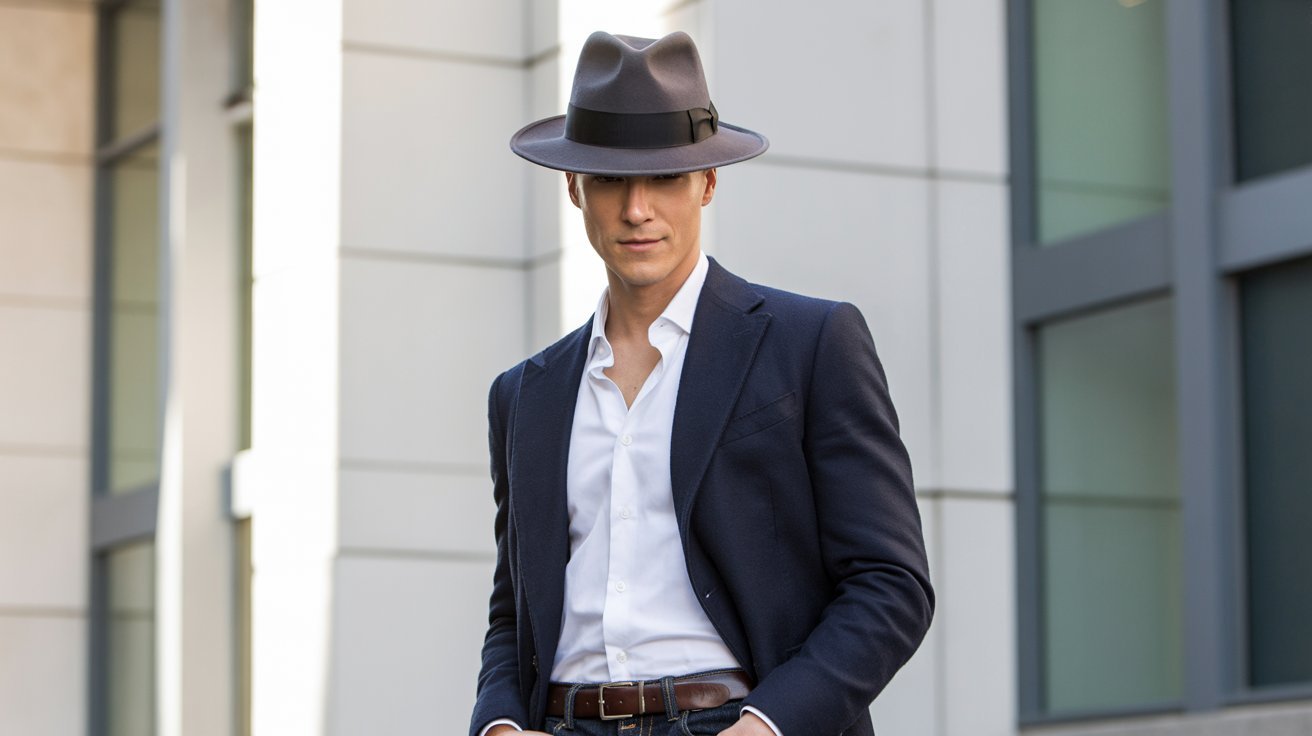 Properly worn fedora with classic brim shape, correct fit, and polished stylish appearance.