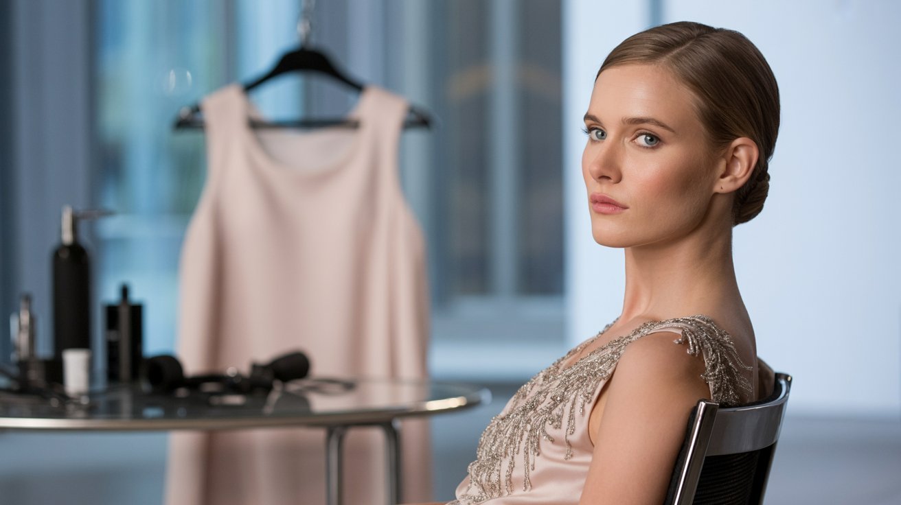"Woman with balanced hairstyle and elegant dress neckline in a modern fashion styling scene"