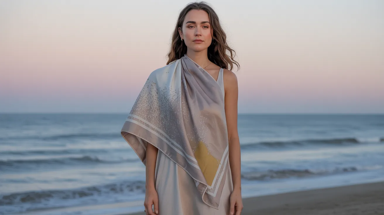 Square scarf draped over one shoulder for a relaxed outfit.