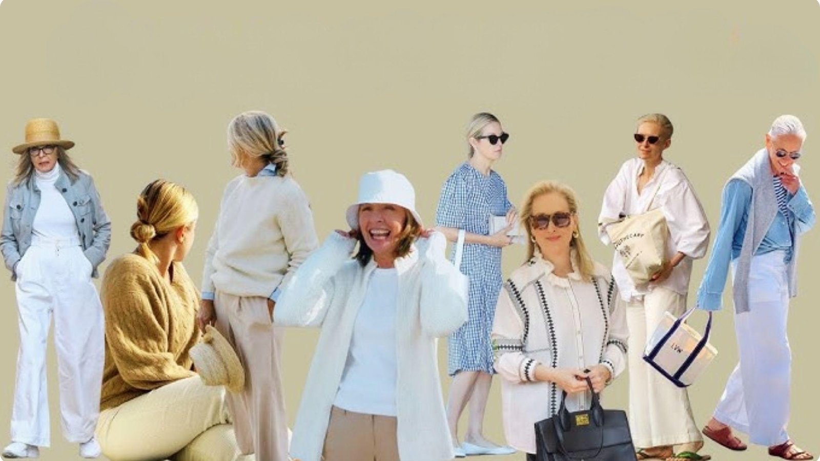 A collage collection of multiple women dressed in the coastal grandmother themed outfits.