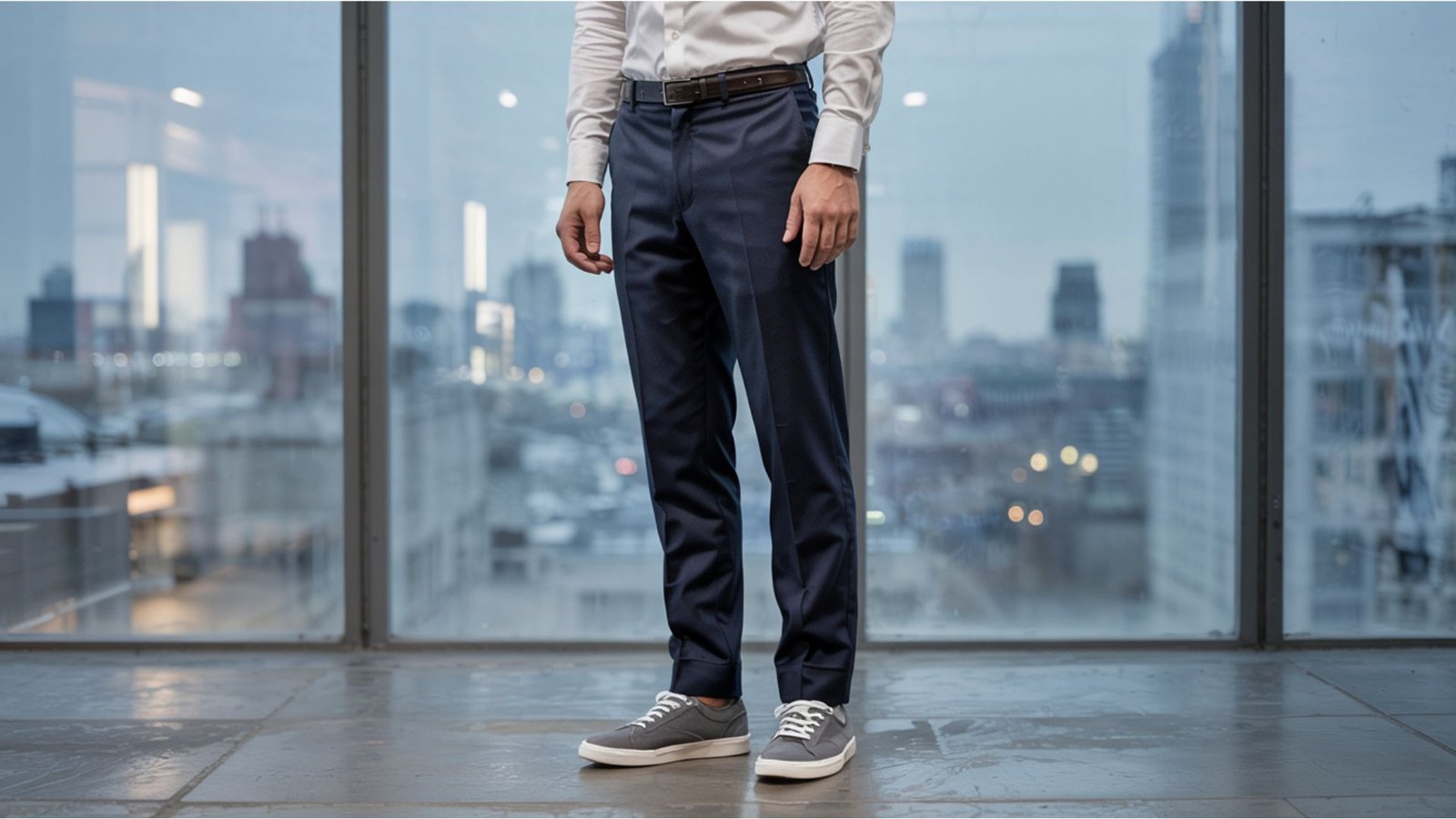 Man wearing navy dress pants with grey sneakers and a white shirt against a city skyline background