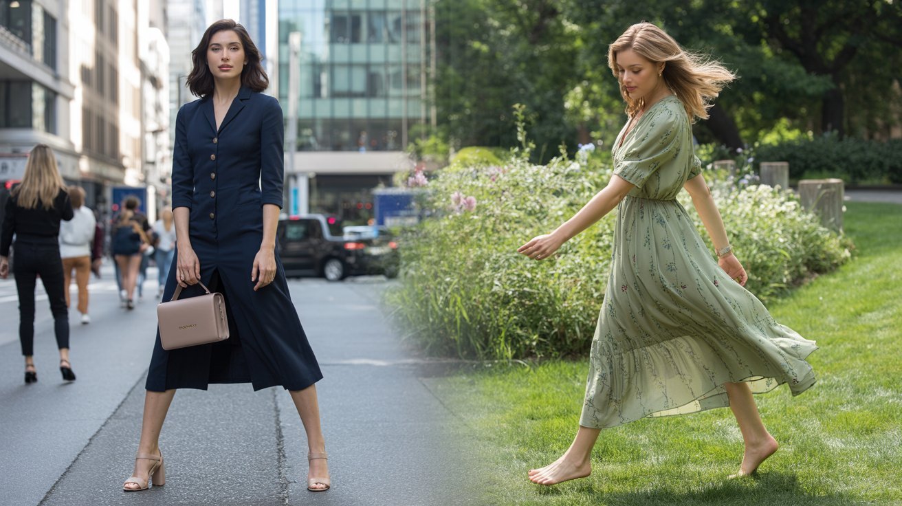 "Comparison of a woman wearing a versatile midi dress and another wearing a flowing maxi dress for different occasions and lifestyles."