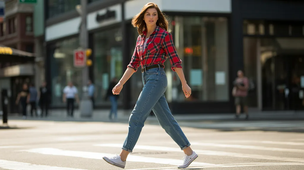 Woman wearing a plaid flannel shirt with blue jeans