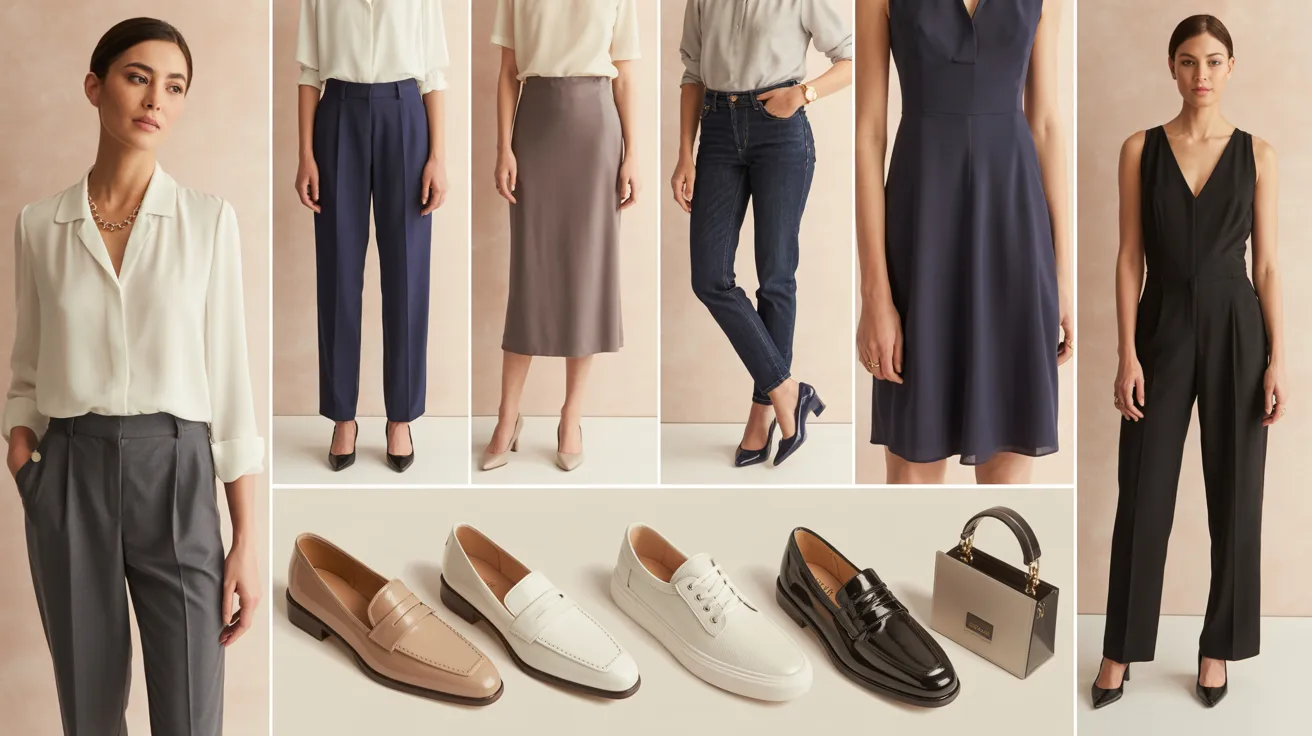 Collage of upscale casual women's outfits with blouses, tailored bottoms, dresses, jumpsuits, and accessories.