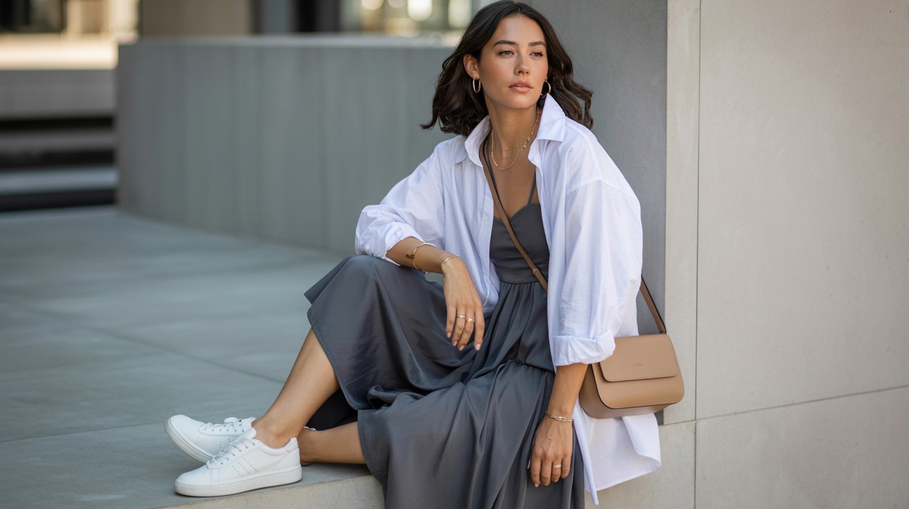 Woman sitting on outdoor steps wearing an oversized white button-down shirt layered over a charcoal slip dress.