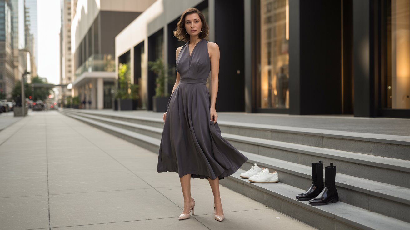 "Woman wearing a flattering high-waist midi dress styled with heels in a realistic fashion street style setting."