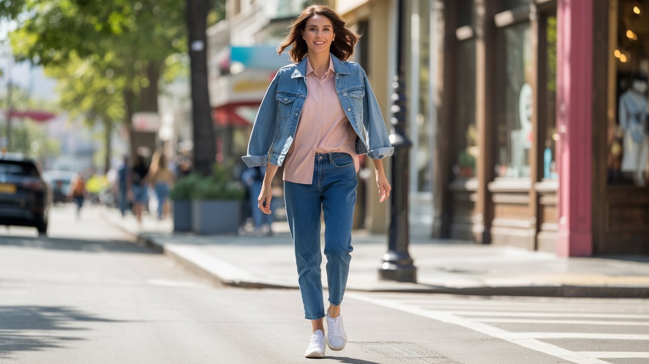 Woman walks downtown wearing a light pink shirt under a denim jacket with blue jeans.