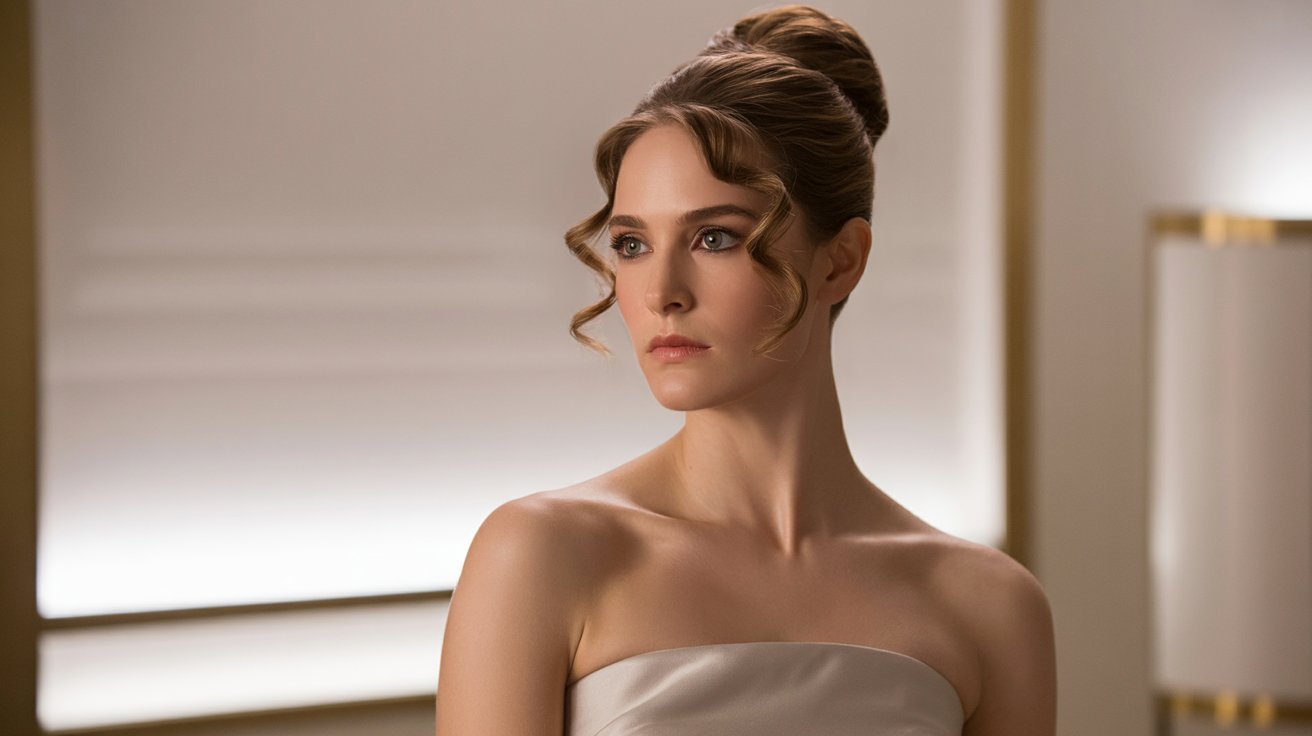 "Woman in a strapless dress with an elegant high bun highlighting her shoulders and collarbone"