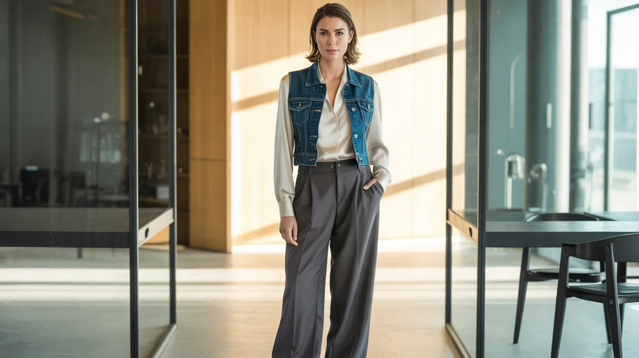 Denim vest paired with tailored trousers for a smart casual outfit.