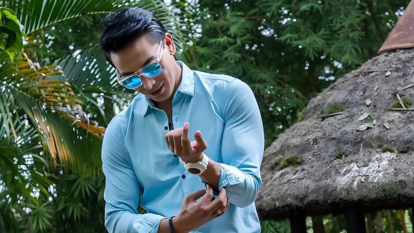 A man wearing a blue shirt and sunglasses looks at his watch, demonstrating a trendy way to style blue shirts.
