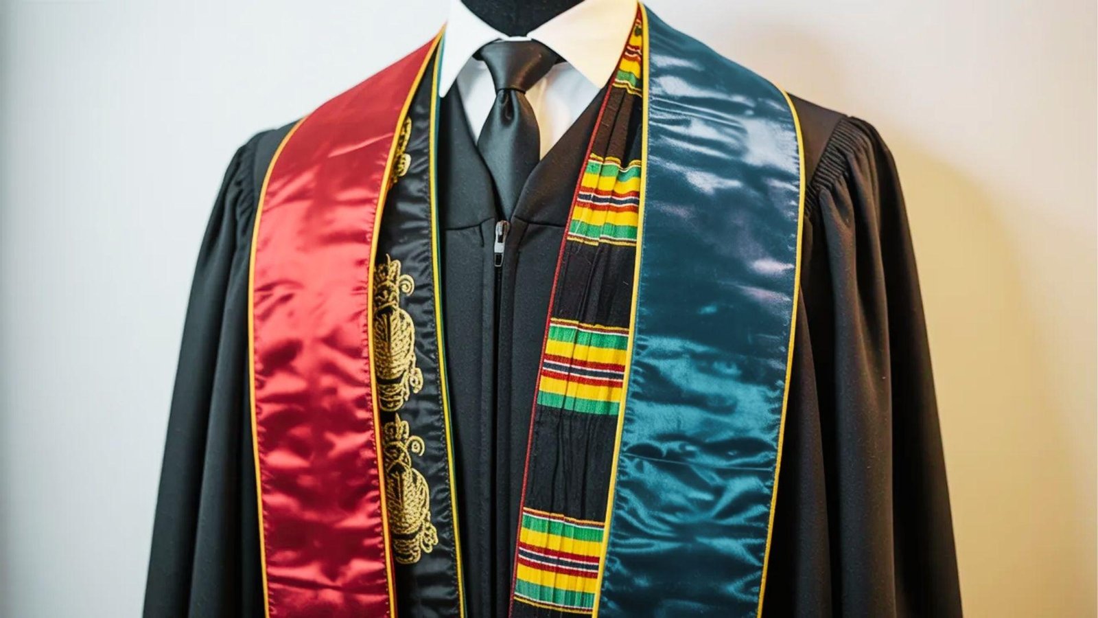 Graduation stole displayed on gown showcasing academic honors, achievements, cultural recognition, and programs.