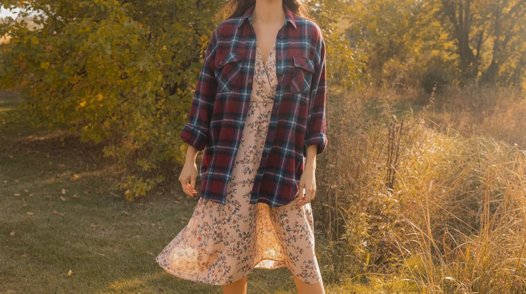 Flannel shirt layered over a midi dress.