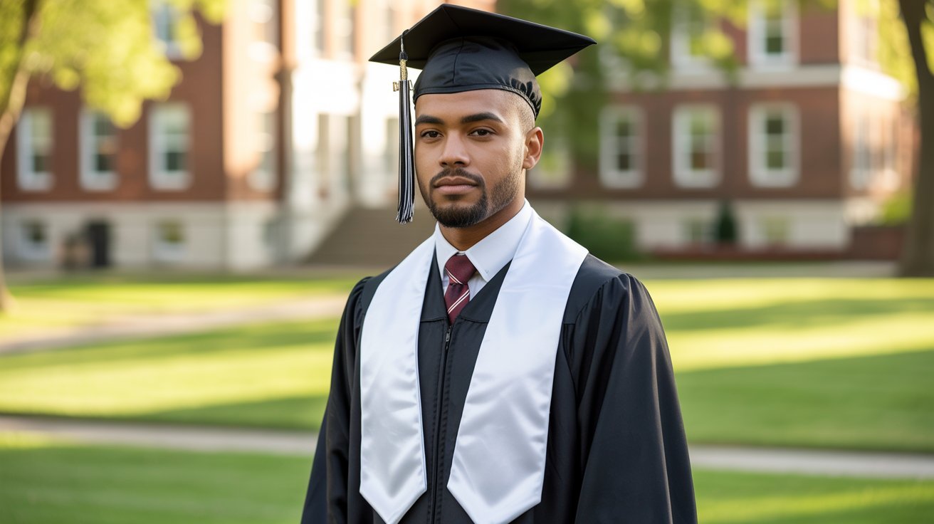 Properly aligned graduation stole hanging evenly and smoothly over commencement gown.