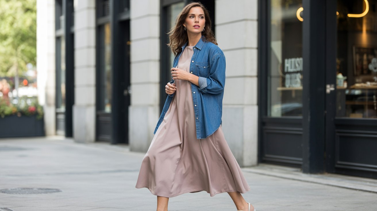 Woman walking on a city street wearing a light denim shirt open over a dusty rose midi dress.