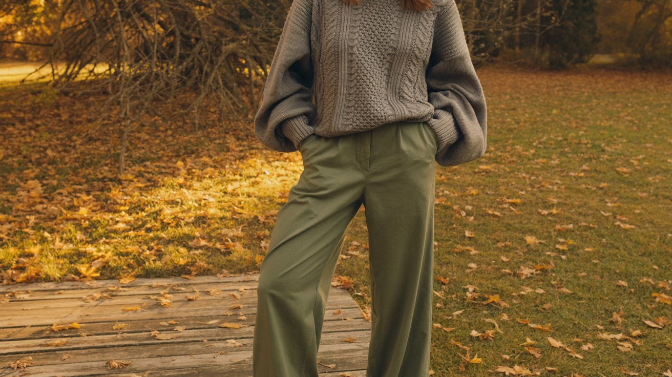 Olive green pants paired with gray cable knit sweater for cozy style