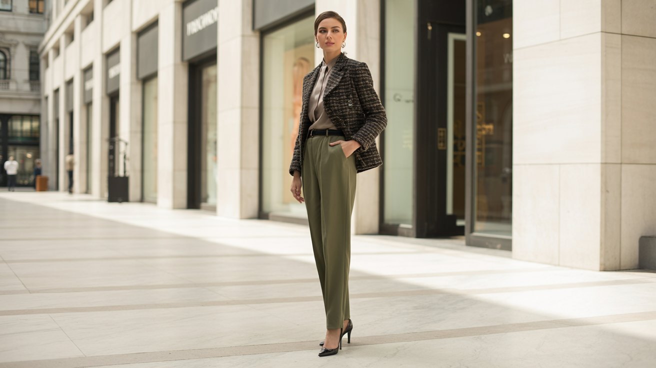 Woman styling olive green pants with tweed jacket and heels elegantly