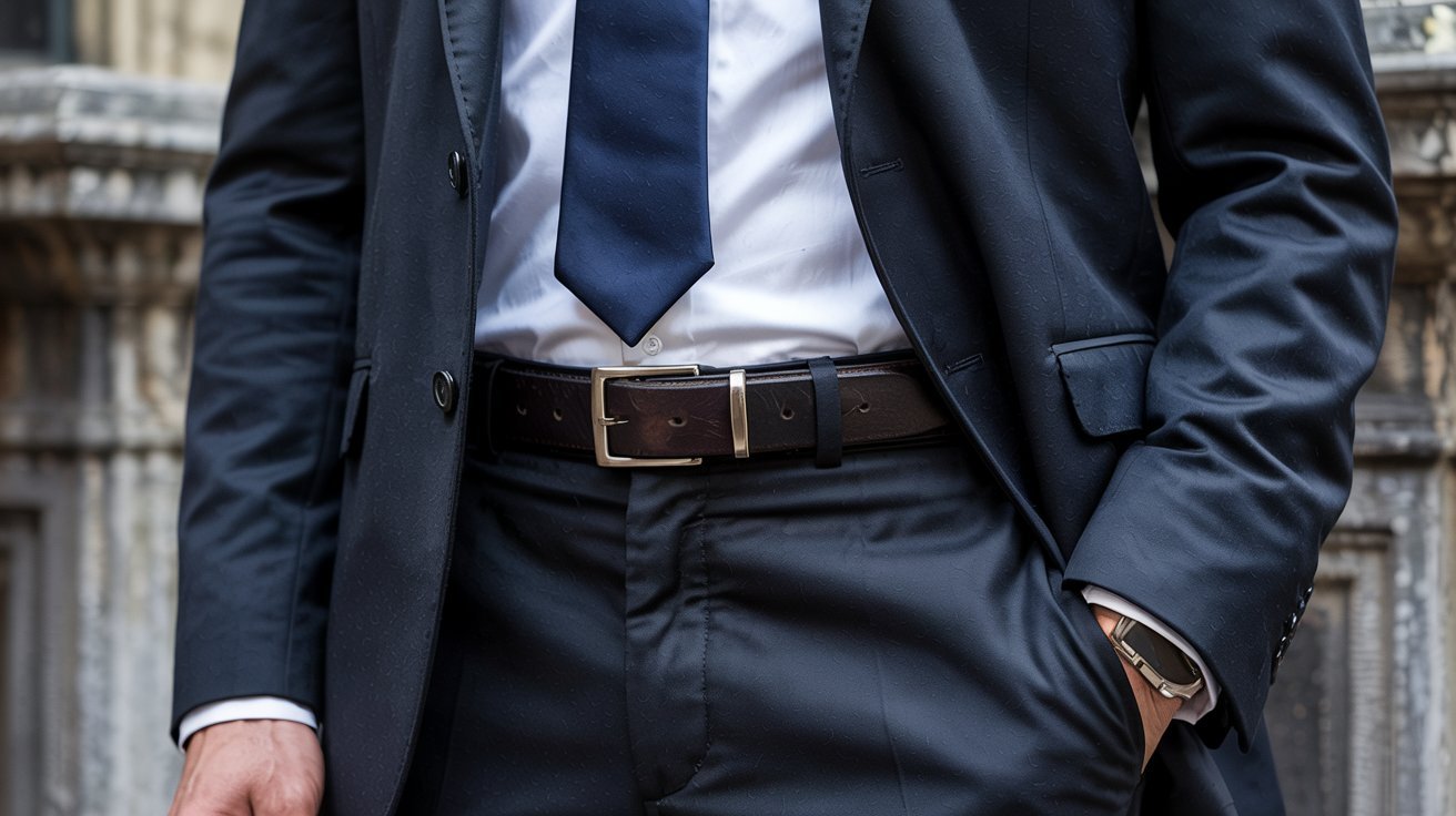 "Minimal silver belt buckle styled with a formal navy suit and slim leather belt"