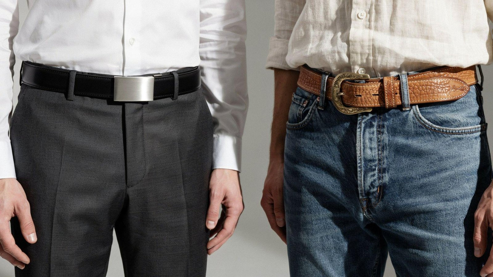 "Stylish men's and women's outfits featuring modern and vintage belt buckles with detailed fashion styling"