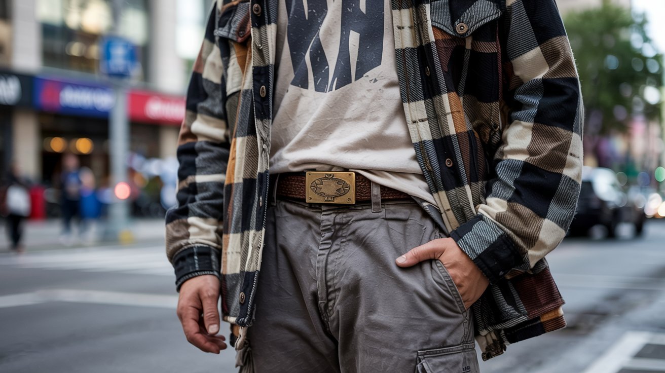 "Vintage brass belt buckle styled with oversized streetwear and layered retro fashion"