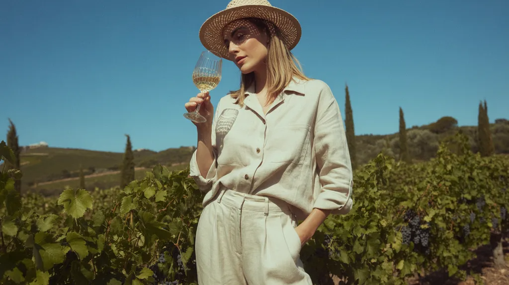 Summer winery outfit with a linen set and sun hat.