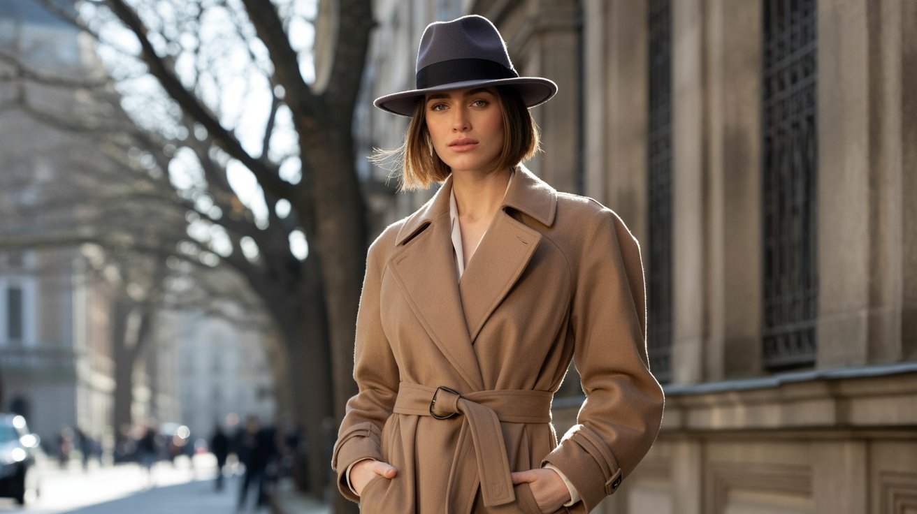 Classic fedora worn with a long coat in an elegant seasonal outfit.