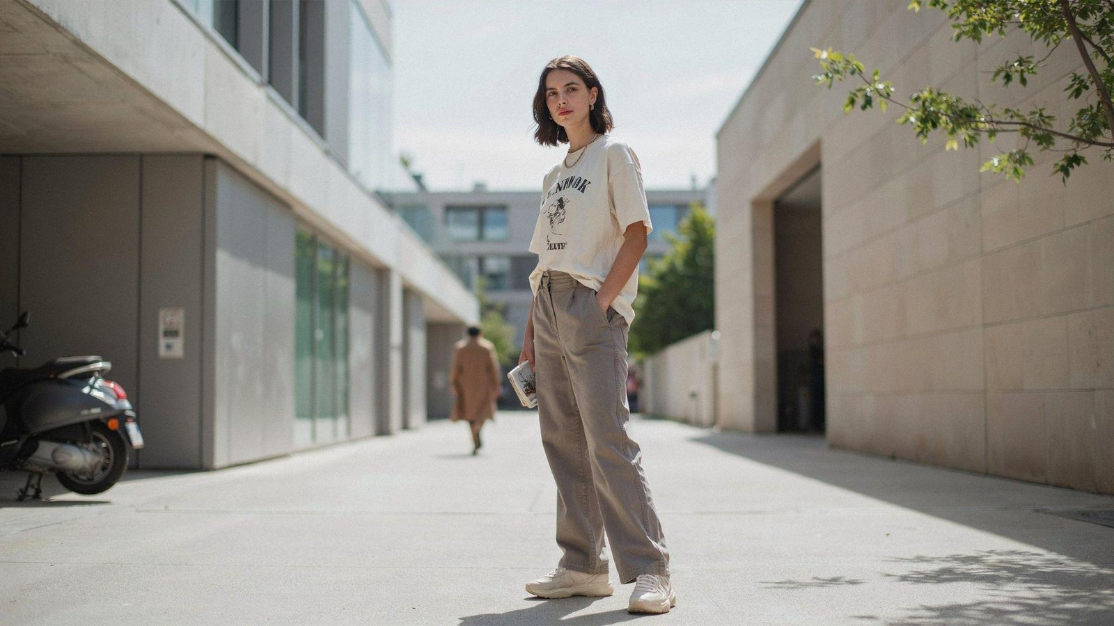 "Woman wearing wide leg pants with a graphic tee for a casual streetwear-inspired outfit"