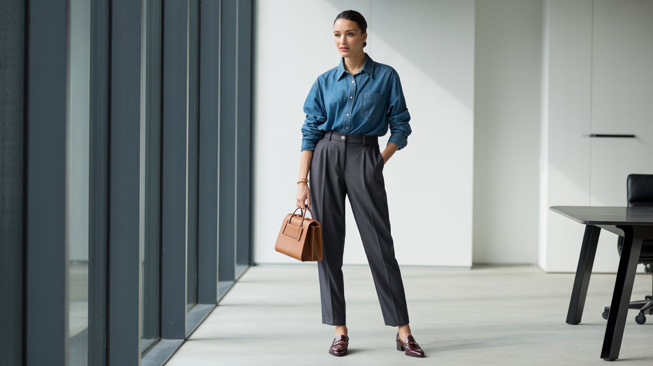 Oversized denim shirt tucked into tailored trousers with polished smart casual styling