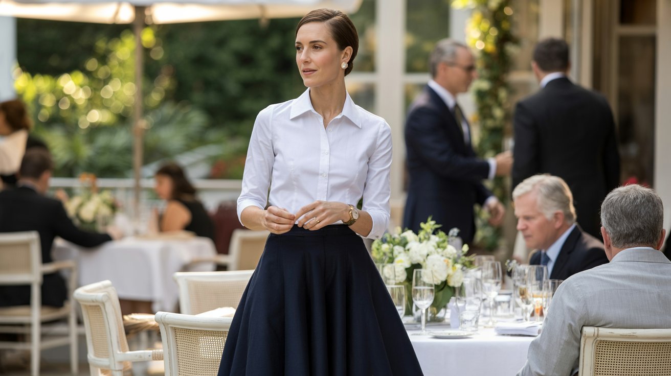 Woman in an A-line skirt and button-down shirt at luncheon