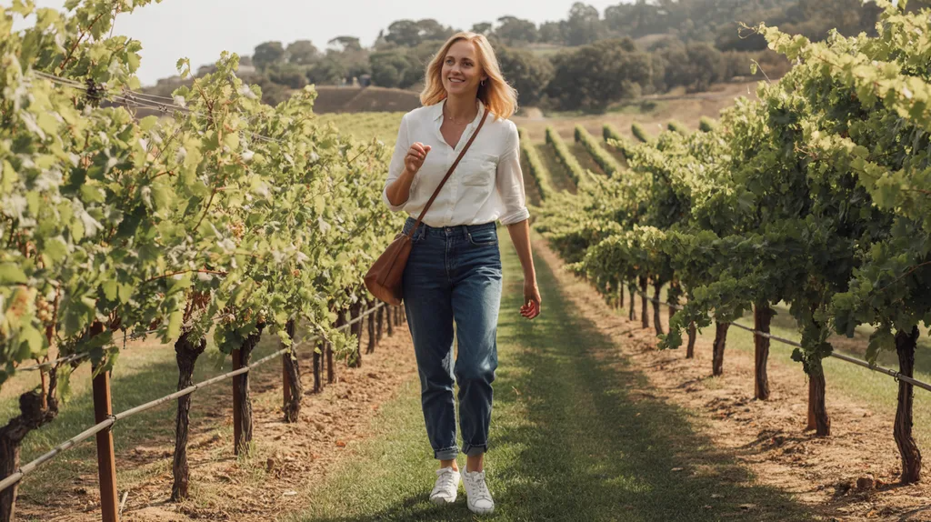 Casual vineyard tour outfit with jeans and sneakers.