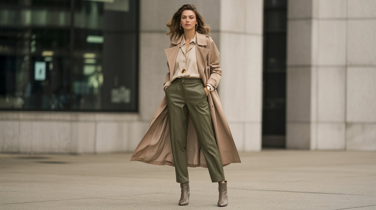 Olive green pants styled with long trench coat for chic layered fashion