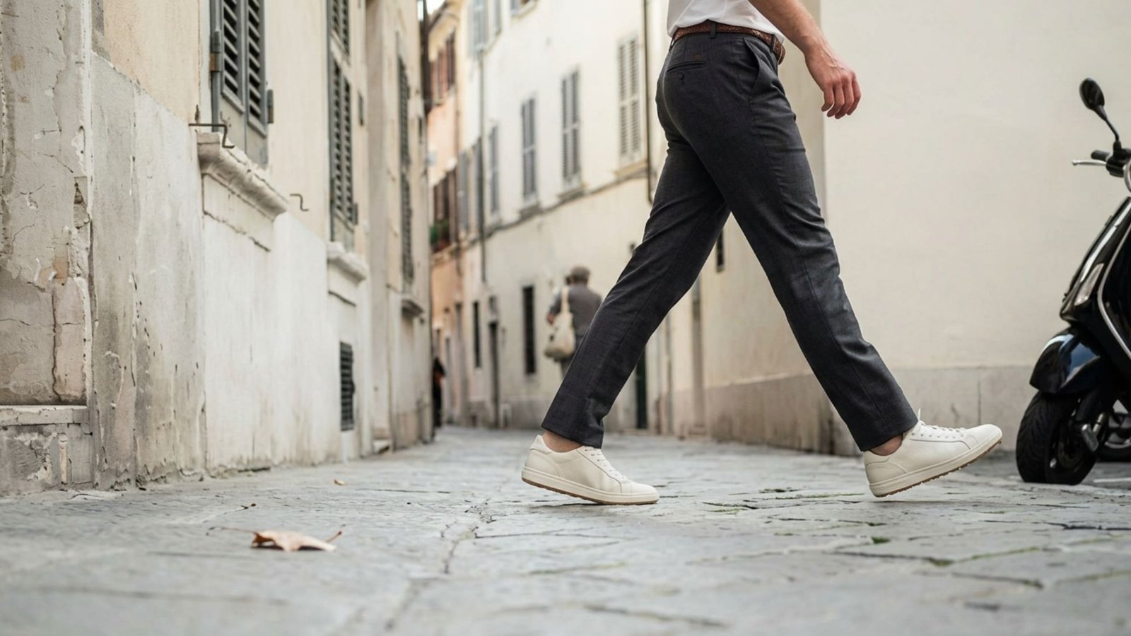 A city street scene features a person walking in pants and sneakers, blending comfort with urban fashion.
