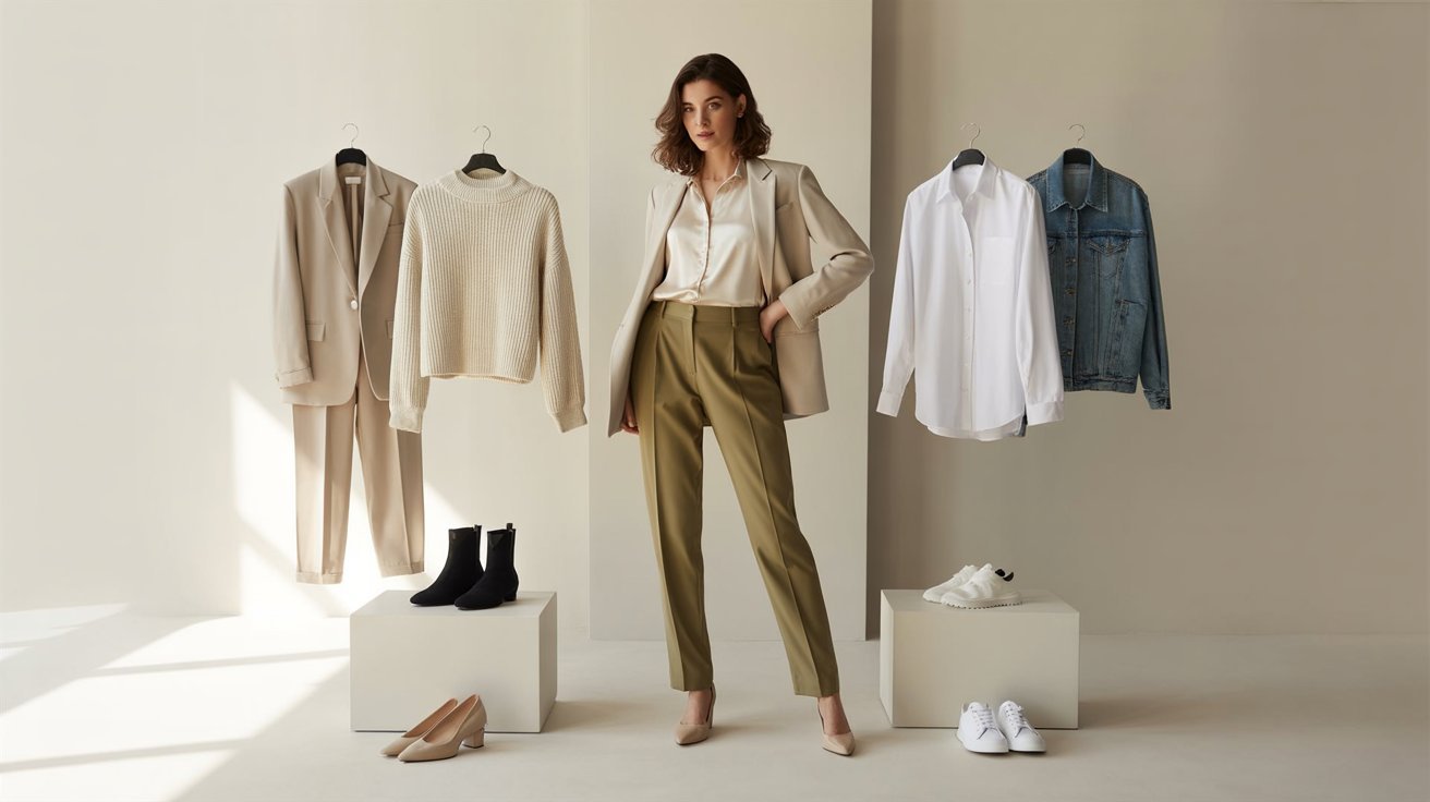 Olive green pants styled for work and casual occasions with versatile seasonal layering pieces