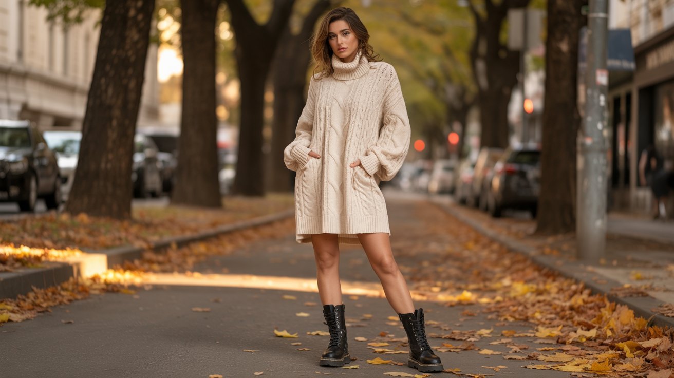 Chunky sweater dress styled with combat boots for a cozy modern fall outfit.