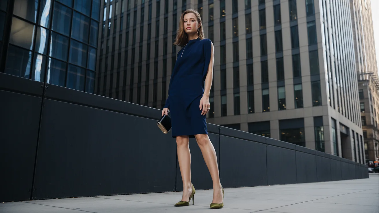 Green shoes creating a unique color combination with a navy dress.