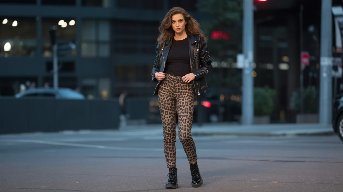 Leopard pants styled with leather jacket for edgy chic outfit.