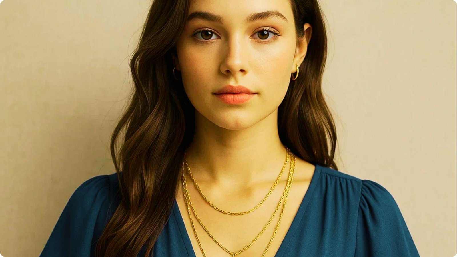 Close-up of a woman in a navy V-neck dress layered with three gold chain necklaces and gold hoop earrings.