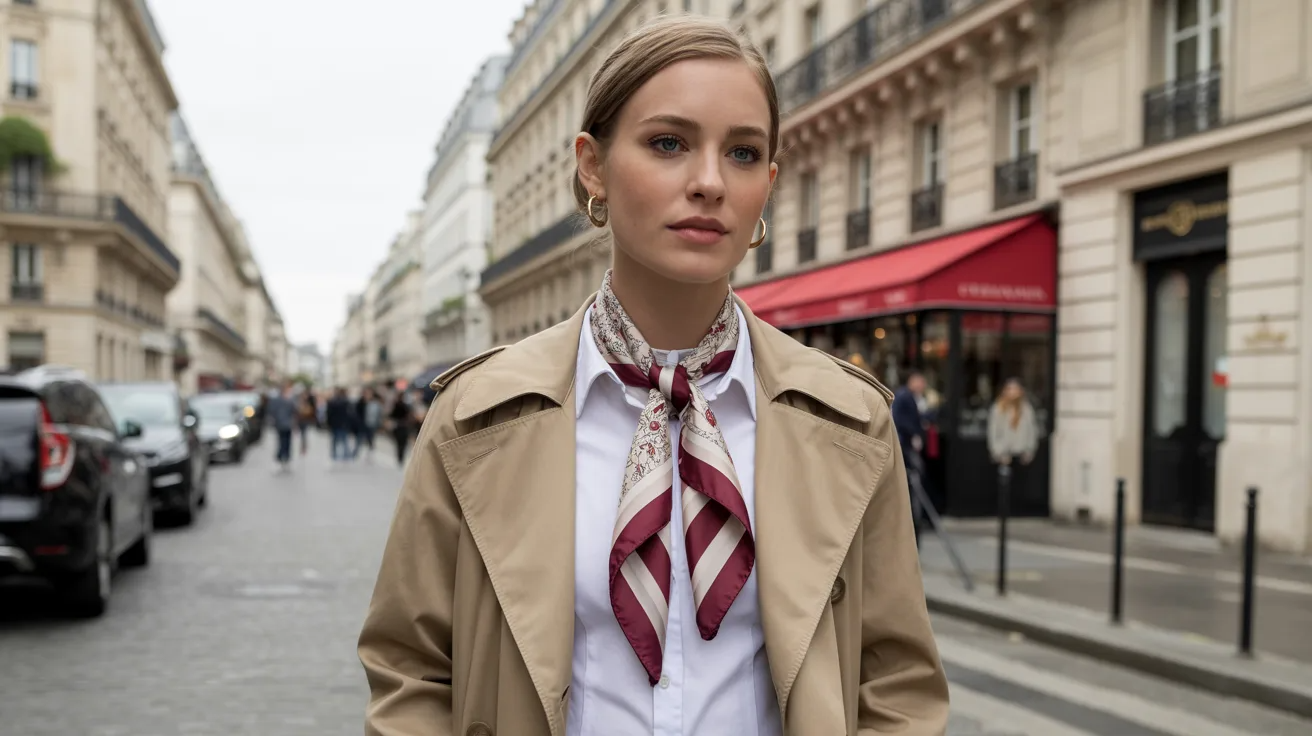 Square scarf tied like a necktie for a chic Parisian inspired look.