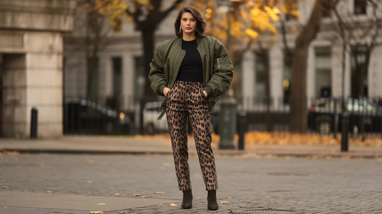 Leopard pants with oversized sweater for cozy relaxed outfit.