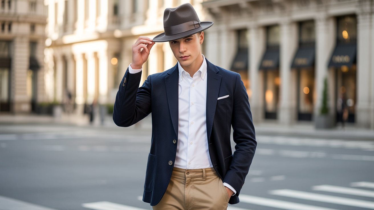 Fedora styled with blazer and chinos for a polished smart-casual look.