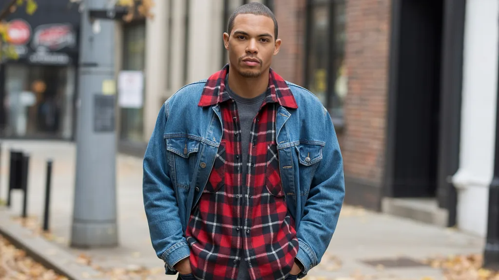 Flannel shirt layered underneath a denim jacket.