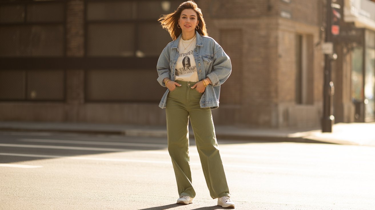 Olive green pants styled with graphic tee and denim jacket for casual wear