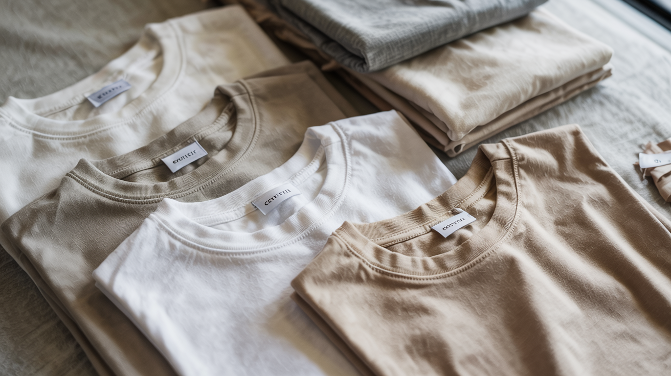 Neatly arranged neutral T-shirts in white, cream, gray, and beige displayed as a minimalist capsule wardrobe essential.
