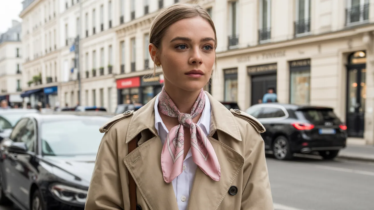 Square scarf looped around neck for easy travel friendly style.