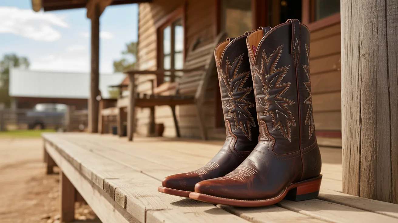 Classic leather cowboy boots displayed on a rustic ranch porch.