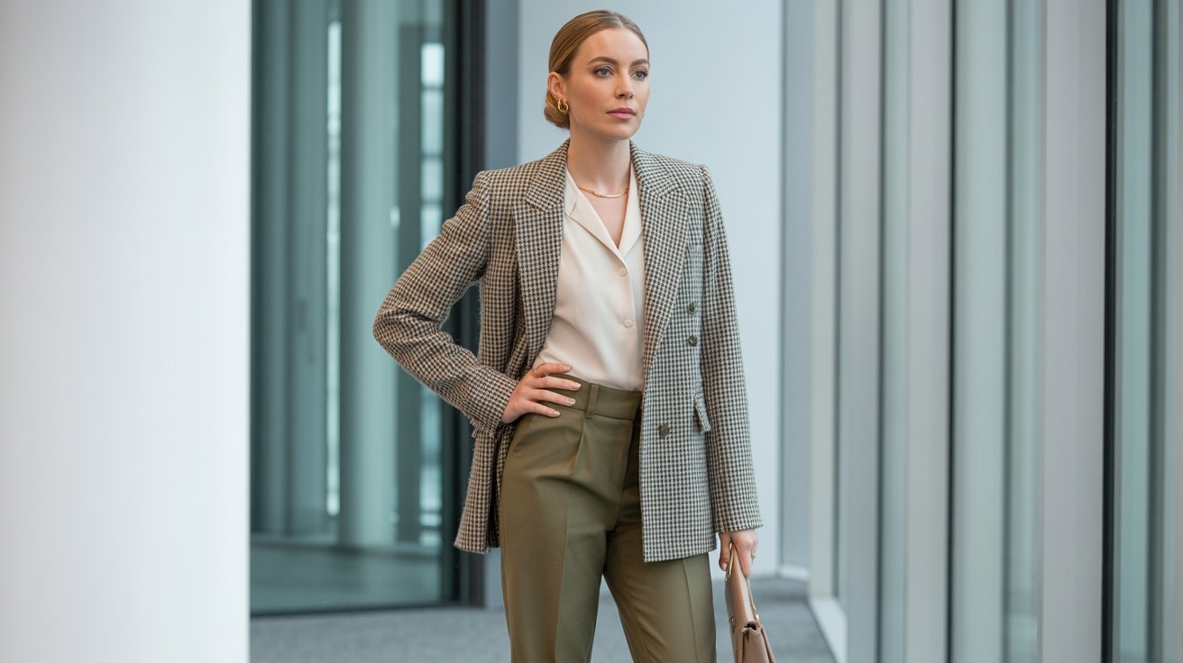 Olive green pants styled with houndstooth blazer for polished smart casual outfit